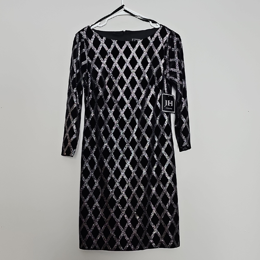 JH Black and Silver Geometric Long Sleeve Dress